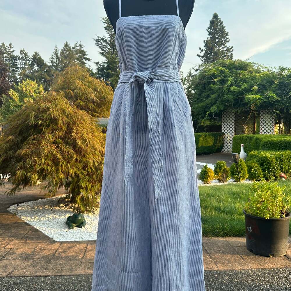 NWOT JCREW Striped Linen Jumpsuit With Tie Size 14 Blue White Stripes G5964